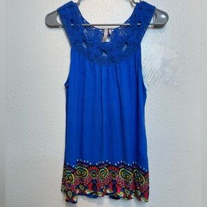 Red Camel Boho Bright Blue Crochet Sleeveless Tank Top Colorful Hem Small Y2K